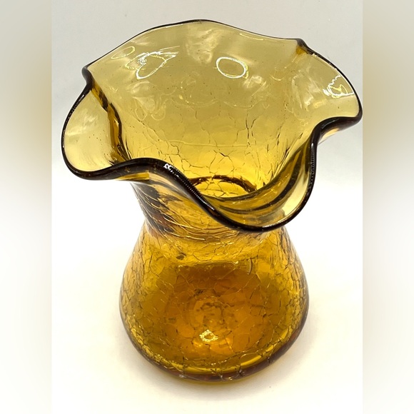 Vintage Hand Blown Amber Crackle Glass Ruffled Edges Fluted Rim Vase 4.8 in - Picture 2 of 8
